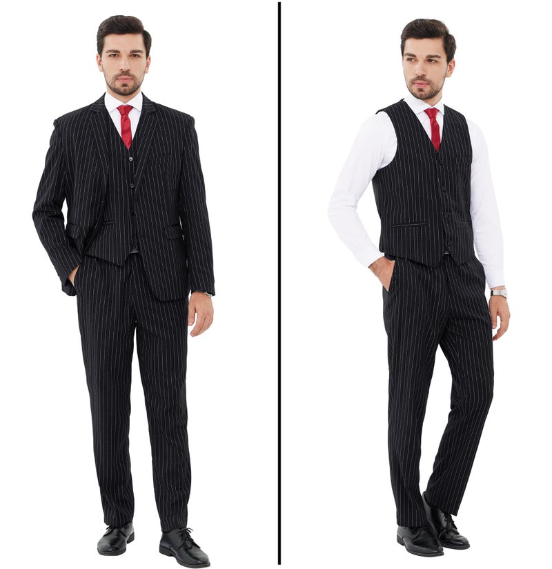 MAGE MALE بدلة ماغ ذكرية مكونة من 3 قطع بنمط خطوط رفيعة، تناسب نحيف، أنيقة، ذات زر واحد، مناسبة للأعمال وحفلات الزفاف، تتضمن سترة، صدرية وسروال - Image 3